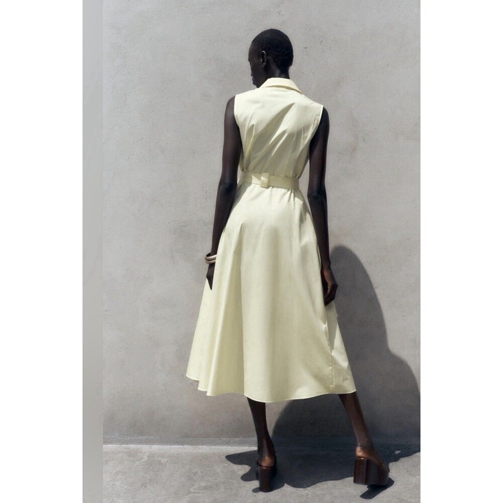 Zara Belted Poplin Midi Shirt Dress Yellow Women's Size M NWOT Cotton V-Neck - Picture 5 of 11